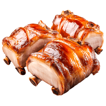 Delicious Glazed Meat Rolls on Wooden Cutting Board Isolated on png