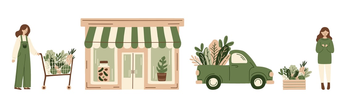 Organic food market, girl with shopping cart, eco grocery store, farm fresh vegetables, sustainable local produce, zero waste, green delivery truck, healthy lifestyle, Hand-drawn illustration. vector