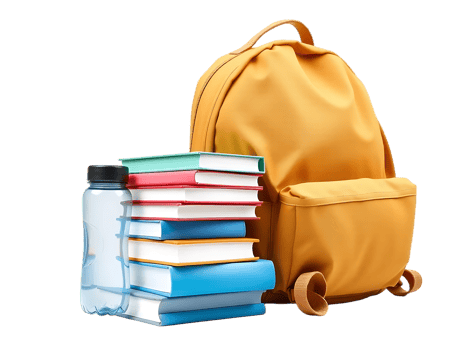 Backpack with school books and water bottle png