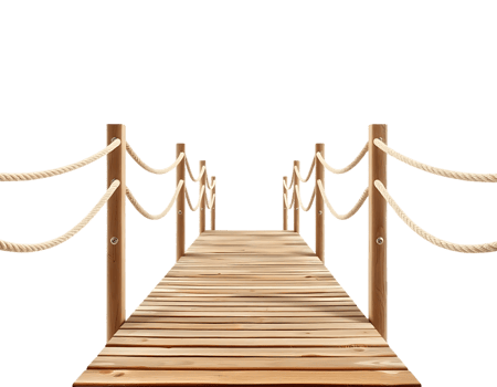 Wooden bridge over the water with rope railings. png