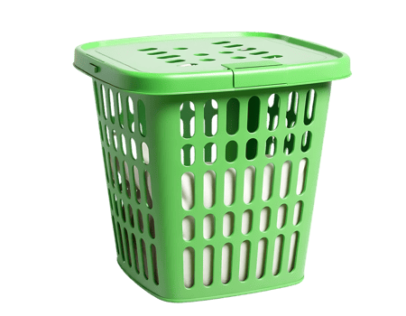 Green plastic laundry basket with lid on a transparent background png