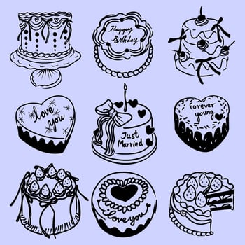 Collection Of Handdrawn Cakes With Various Decorations And Messages For Celebration and special Occasion vector