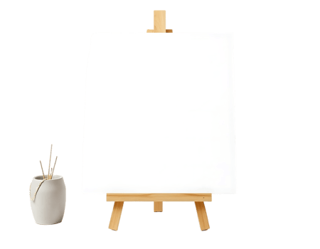 Blank canvas on a wooden easel with art supplies png