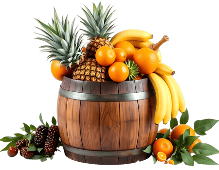 A barrel filled with various fresh and ripe fruits, including pineapples, oranges, and bananas. png