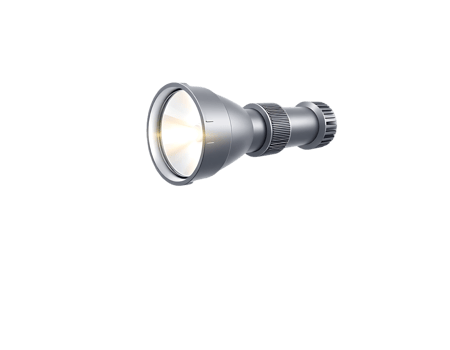 A silver flashlight, illuminated with bright light, isolated on a transparent background png
