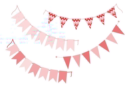 Abstract Pennant garlands on rope Trendy Monochrome pink Party decorative design elements idea Set 4. Isolated illustration Thematic cards, posting or web promo banners, leaflets, price, labels vector