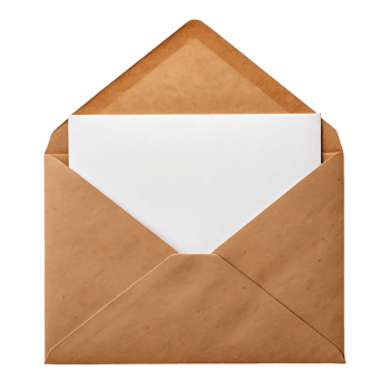 Open kraft paper envelope with blank white card inside. png