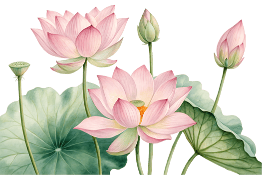 Pink lotus flowers and buds with leaves png