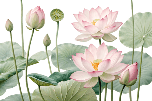 Pink lotus flowers and buds with green leaves png
