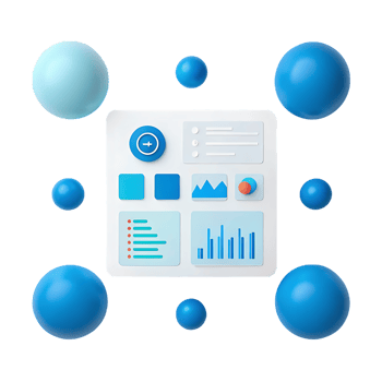 3D illustration of a data dashboard with connected spheres. png