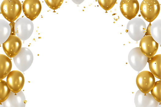 Gold and white balloons with confetti border png
