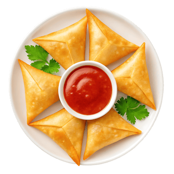Delicious samosas with spicy tomato sauce. png