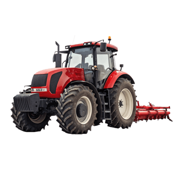 Powerful Red Farm Tractor with Attached Agricultural Implement png