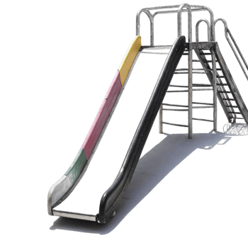 A weathered metal playground slide with colorful side panels and a metal ladder png