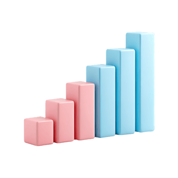 Pink and blue 3D bar graph showing growth. png