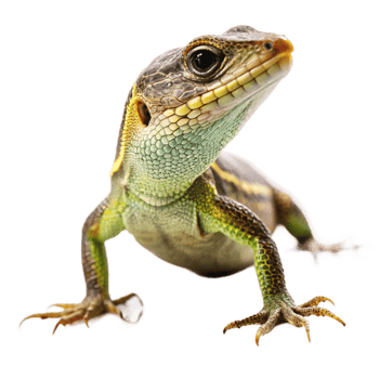 Closeup of a vibrant green and brown lizard with sharp claws on a black background png