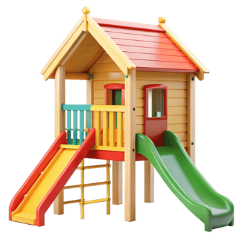 Colorful Wooden Playset for Children with Two Slides and Climbing Ladder png