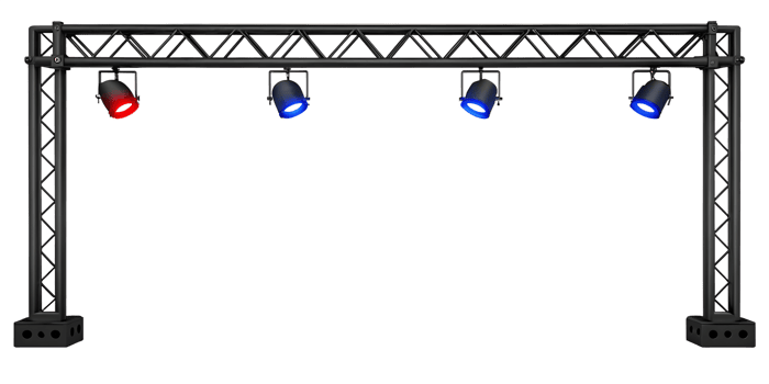 Stage lighting rig with red and blue spotlights. png