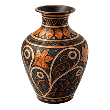 Elegant Black and Orange Handcrafted Ceramic Vase with Intricate Floral Design png