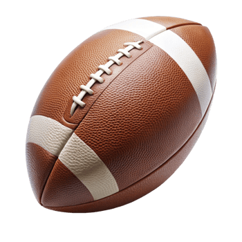 Closeup view of an American football with laces and white stripes against a black background png