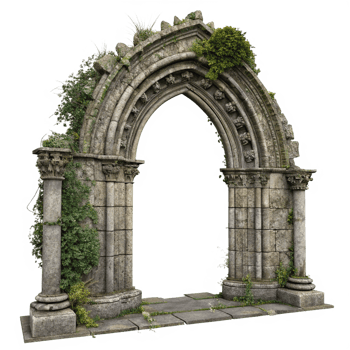 Ancient Stone Archway Entrance Overgrown with Vines and Plants png