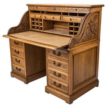 Antique Carved Wooden Roll Top Desk with Drawers and Compartments png