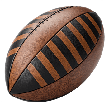 Closeup view of a stylish brown and black rugby ball with unique striped design and textured leather png