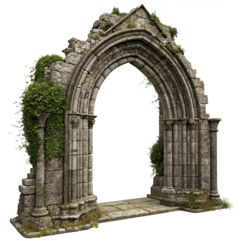 Ancient Stone Archway Ruins Overgrown with Ivy and Vegetation png