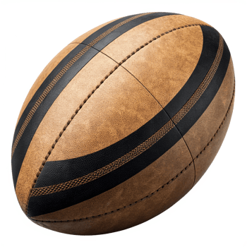 Closeup of a Vintage Brown Leather Rugby Ball with Black Stitching and Stripes png