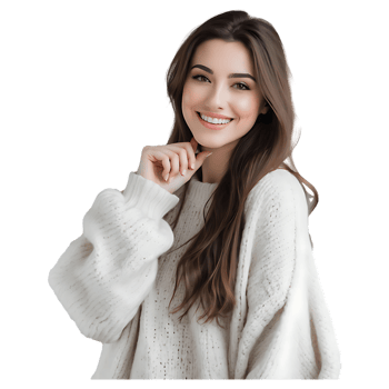 Confident Young Woman Smiling in a Cozy White Sweater Perfect for Lifestyle and Fashion Brands png