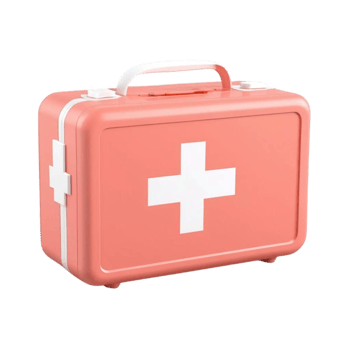Aid kit with a white medical cross prominently displayed. png