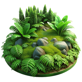 magnificent vintage A lush green forest floor covered in moss and ferns, dappled sunlight, realistic render style genuine png