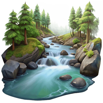 extraordinary creative A babbling brook flowing through a forest, crystal clear water, long exposure photography style 4K png