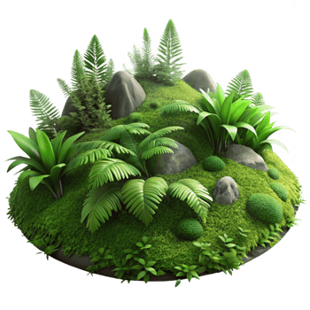magnificent vintage A lush green forest floor covered in moss and ferns, dappled sunlight, realistic render style premium png