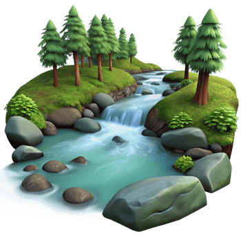wonderful minimalist A babbling brook flowing through a forest, crystal clear water, long exposure photography style high quality png