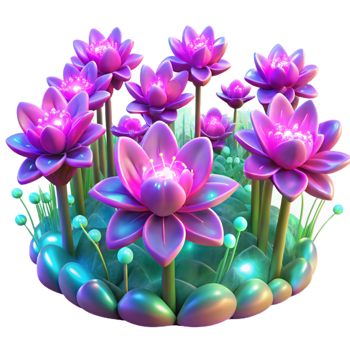 serene rustic A field of blooming, fractal flowers, in vibrant, neon colors, illuminated by a soft, ethereal glow exclusive png