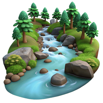 magnificent creative A babbling brook flowing through a forest, crystal clear water, long exposure photography style high quality png