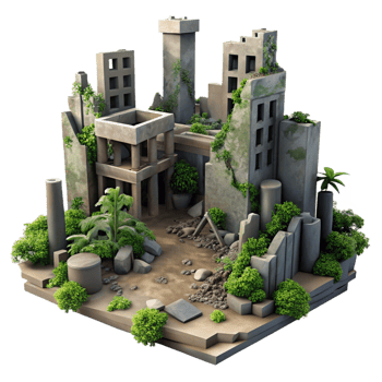 magnificent minimalist Post-apocalyptic city ruins, overgrown with vegetation, muted colors, desolate and eerie, dystopian style, detailed png