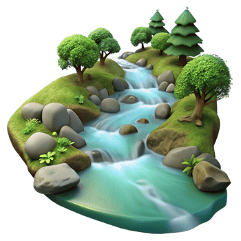 extraordinary artistic A babbling brook flowing through a forest, crystal clear water, long exposure photography style exclusive png