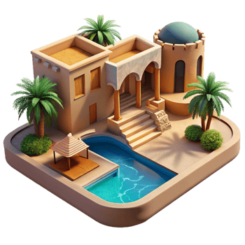dramatic contemporary Desert oasis resort, adobe architecture, cool blue pool, shimmering heat haze, luxurious and relaxing, travel photography style, high resolution png
