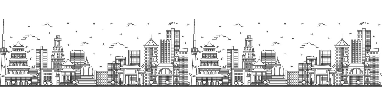 Seamless pattern with outline Wuhan China City Skyline with Modern Buildings Isolated on White. Wuhan Cityscape with Landmarks. vector