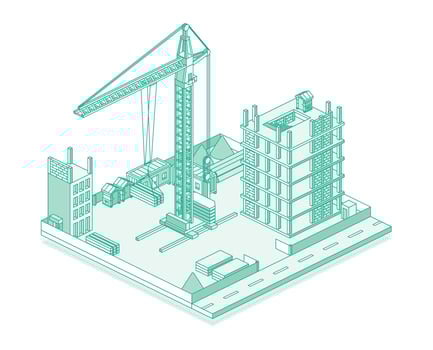 Construction site with crane and skyscraper Process of building a multi-storey building. Illustration in outline style. Isometric view of a monolithic frame building. vector