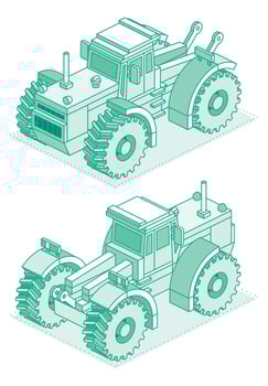 Isometric modern agricultural tractor, front and rear views. Outline illustration isolated on a white background. vector