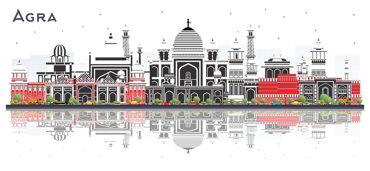 Agra India City Skyline with Color Buildings and reflections Isolated on White. Business Travel and Tourism Concept with Historic Architecture. Agra Uttar Pradesh Cityscape with Landmarks. vector