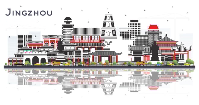 Jingzhou China City Skyline with Color Buildings and reflections Isolated on White. Business Travel and Tourism Concept with Historic and Modern Architecture. Jingzhou Cityscape with Landmarks. vector