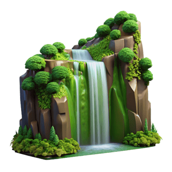 extraordinary abstract A waterfall cascading down a cliff face, lush green foliage, long exposure photography style professional png