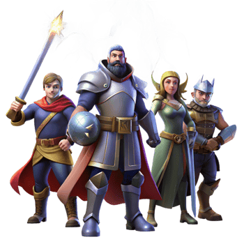 beautiful classic A group of heroic adventurers, a knight, a mage, and a rogue, standing together, ready for battle, illuminated by the dramatic light of a lightning strike genuine png