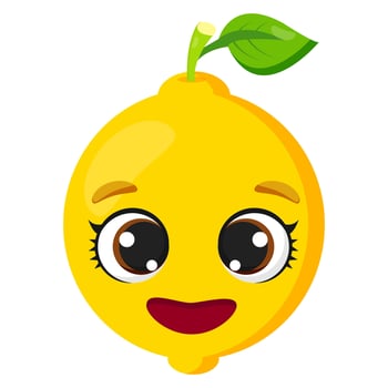 Smiling yellow lemon with big expressive eyes and a fresh green leaf. Perfect for food branding, organic products, juice packaging, vitamin-rich diet visuals, and healthy eating concepts vector