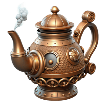 impressive artistic Steampunk teapot with ornate spouts and intricate steam vents original png