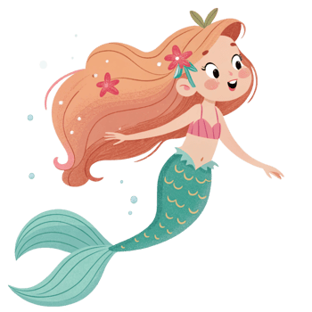 Adorable Cartoon Mermaid with Long Orange Hair and Teal Tail Swimming Underwater png